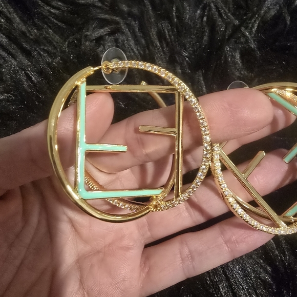 18kgp Fendi Gold and Green Hoop Earrings - Picture 3 of 12
